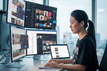 example of a picture to show social media management in 2025. An asian girl in front of lots of different screens and platforms.