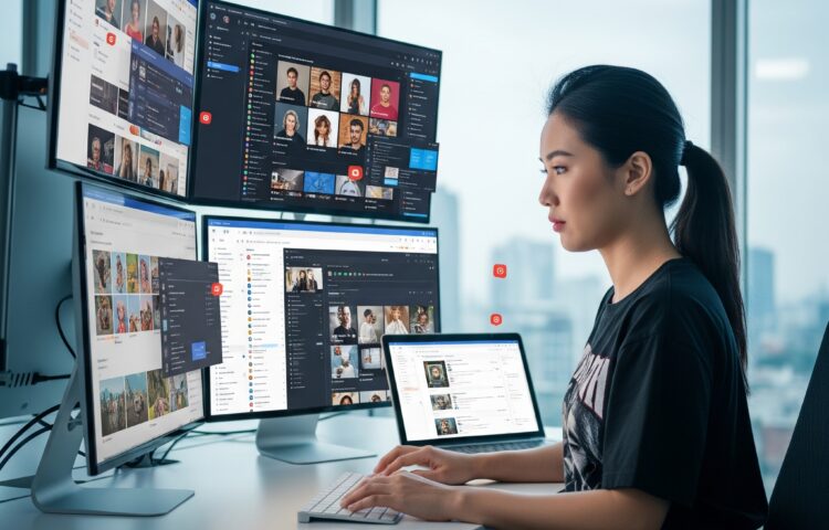 example of a picture to show social media management in 2025. An asian girl in front of lots of different screens and platforms.