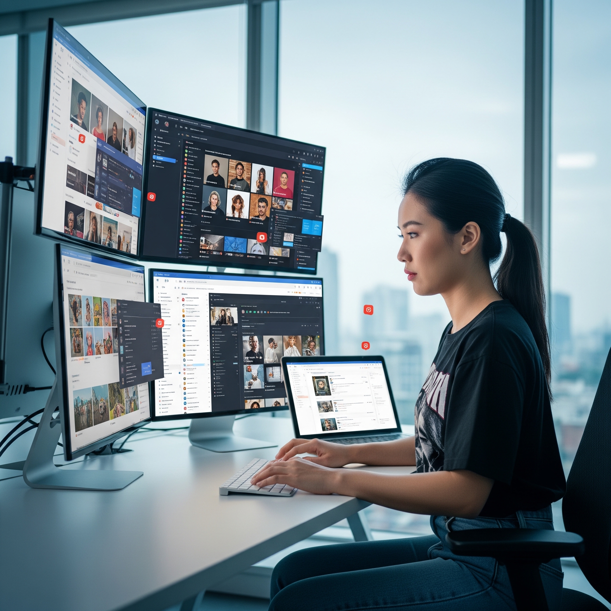 example of a picture to show social media management in 2025. An asian girl in front of lots of different screens and platforms.